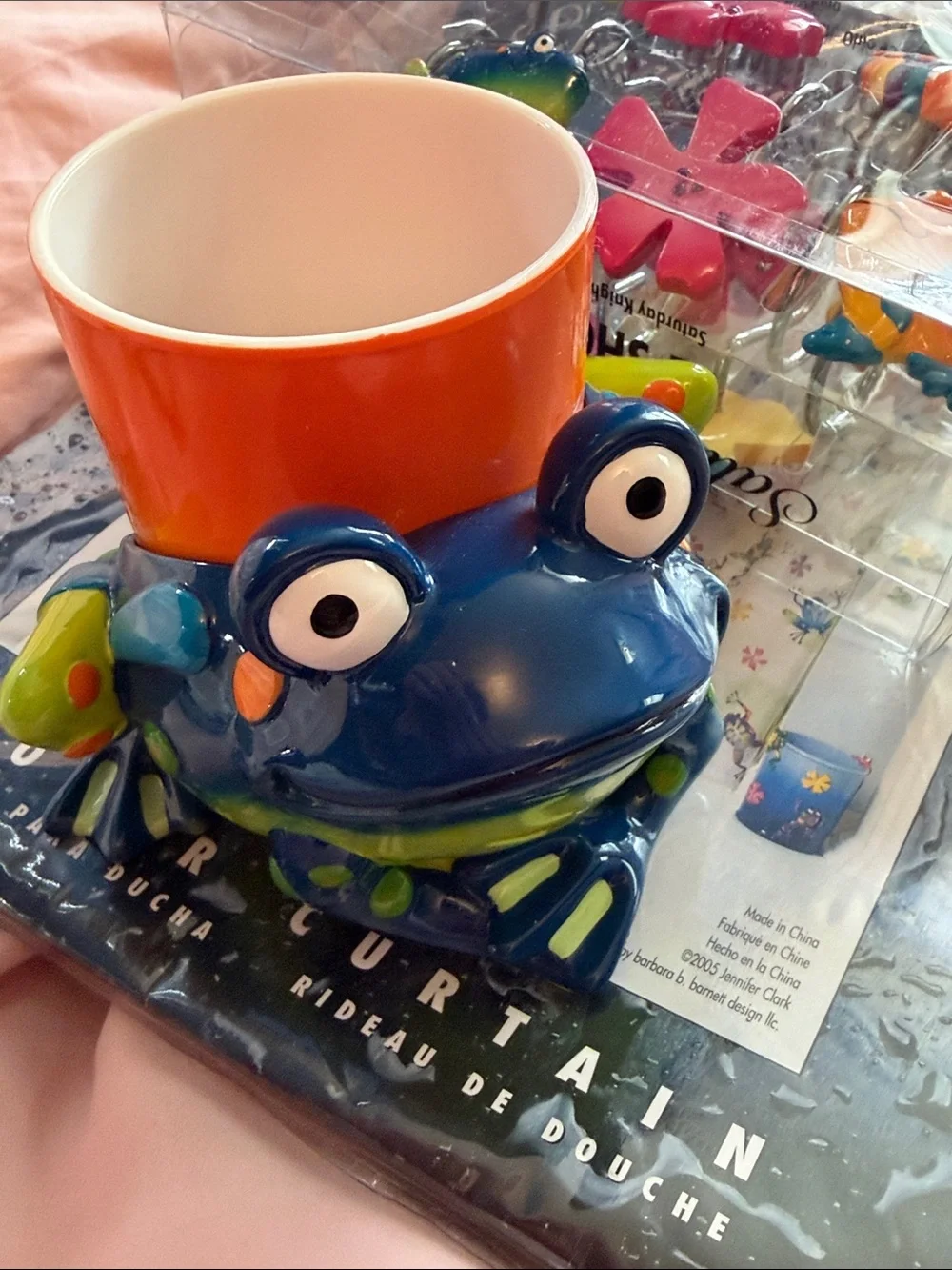 Y2K 2005 VINTAGE RARE TROPICAL FROGS BATH- Curtain, Rings and Frog Tumbler Set!